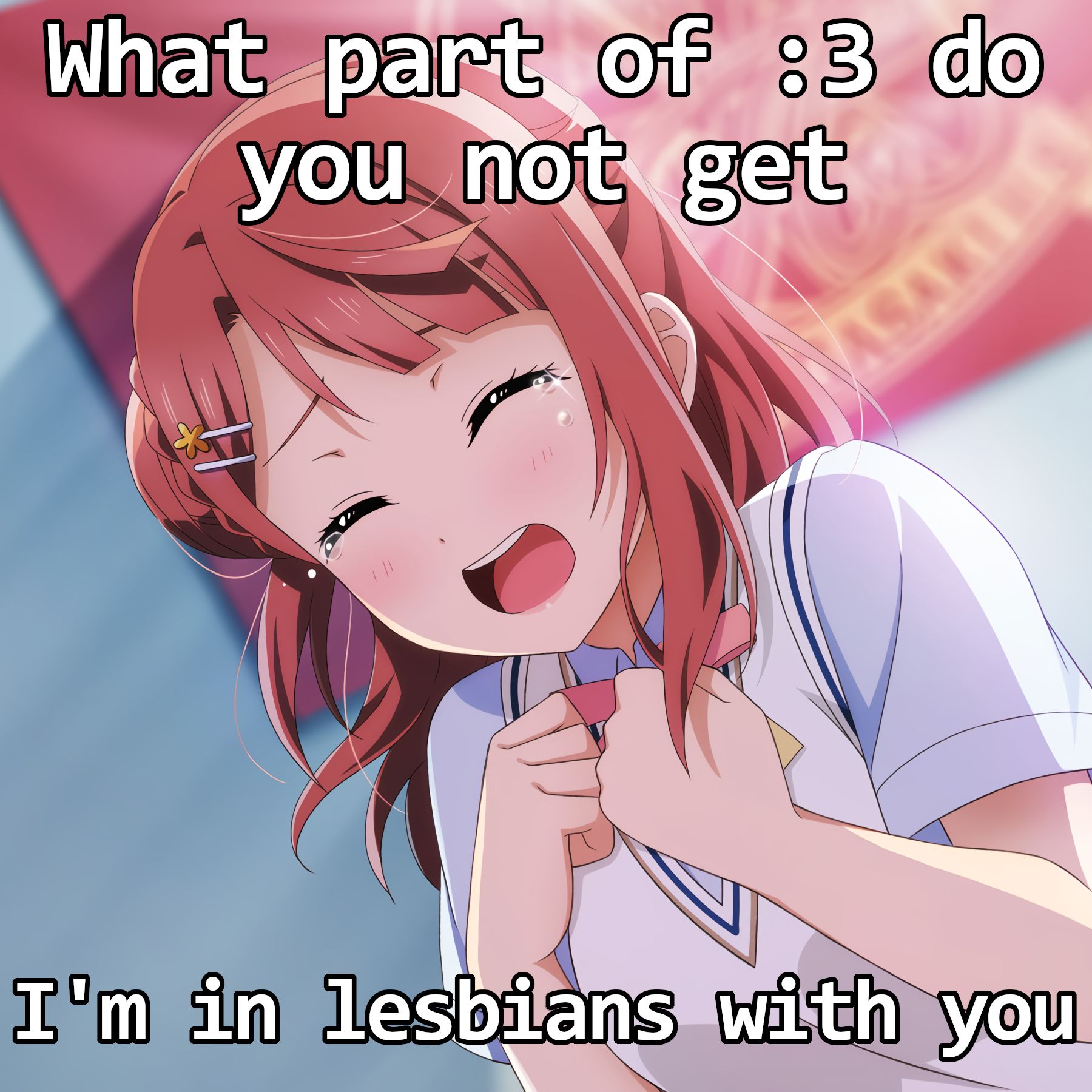 picture of an anime girl screaming, captioned "What part of :3 do you not get
I'm in lesbians with you"