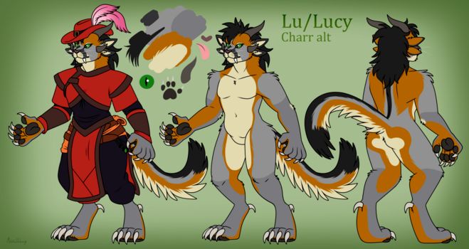 a reference sheet showing front and back profiles of a Charr (horned bipedal cat monster) with a broad puma-like muzzle, two large backswept horns on top of their head and 2 smaller horns between the upper and lower of each pair of ears on either side. Their fur pattern is dominantly grey, with orange borders of varying thickness separating a creamy tan chest fur. They have a scruffy mane of black hair atop and on the back of their head, and black 'check' markings along the border of their muzzle.