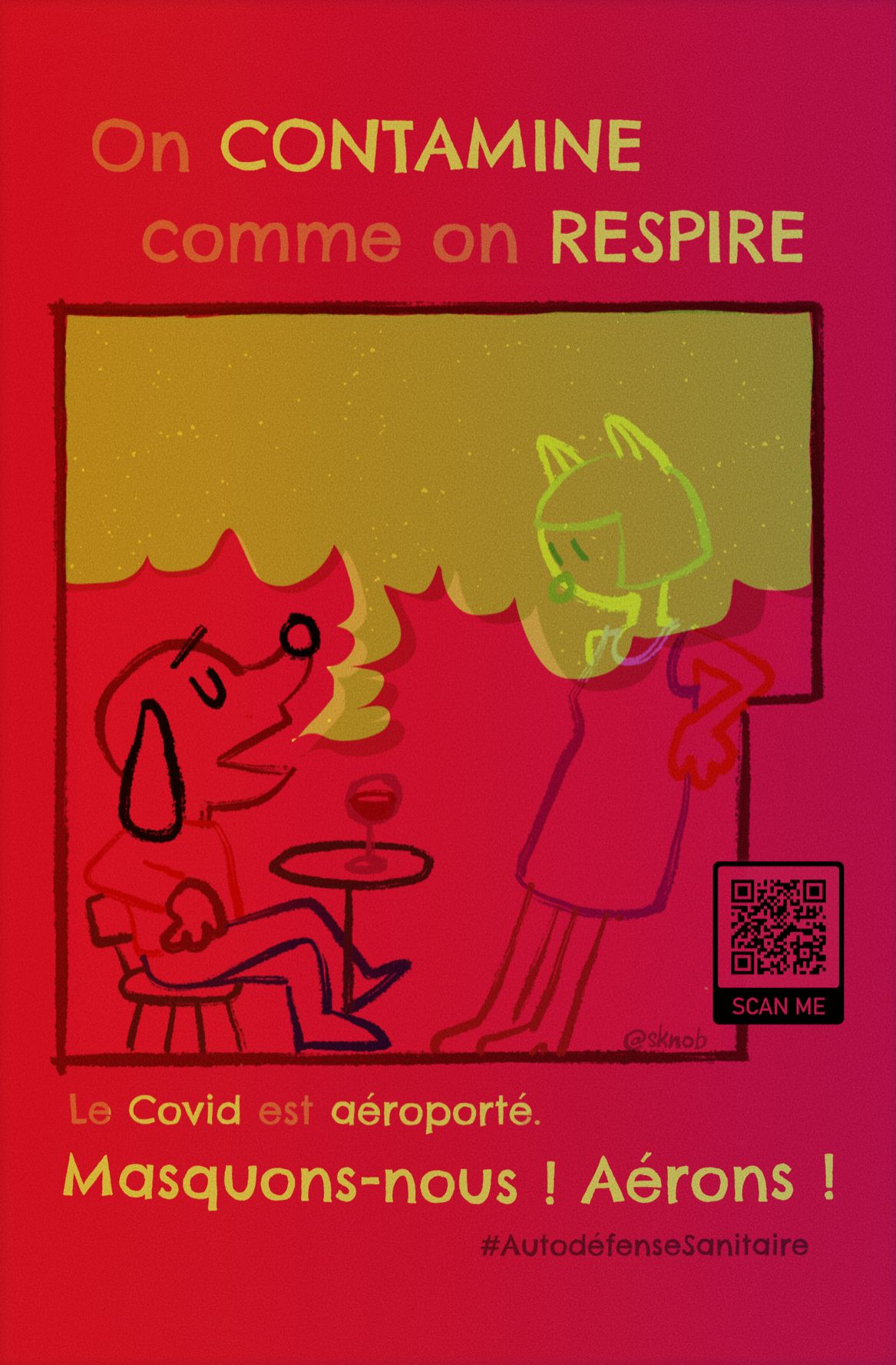 Affichette d’autodéfense sanitaire. On contamine comme on respire. Le covid est aéroporté. Masquons-nous ! Aérons ! #AutodéfenseSanitaire.