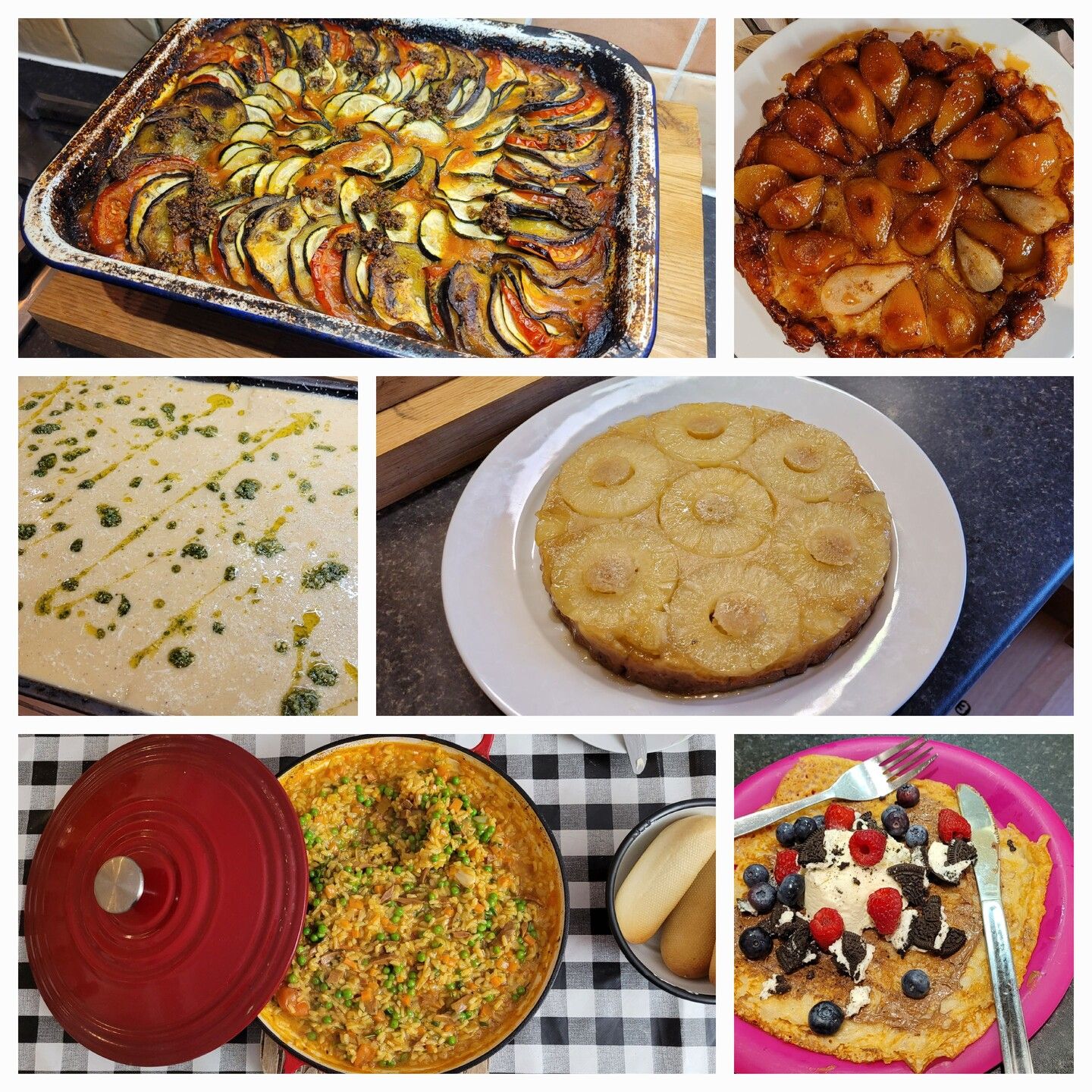Another ratatouille in my stupid beaten up pan - can't help it - I love it

Another tarte tatin - I think this is an apple one

An enormous lasagne, pre-cooked - here we see a surface of cheesy bechamel dotted with pesto with swirls of olive oil

Pineapple upside down cake!

My attempt to take an arty pic of some paella - it's in a red casserole with the lid half off, resting on a black and white tablecloth

Pancakes covered in stuff - choc, whipped cream, fruit.... Heaven