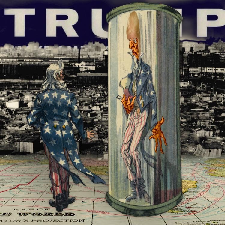 Uncle Sam staring into a funhouse mirror that has made him painfully thin. The reflection is wearing a Trump wig and has orange skin. He stands atop a map of the world that stretches to infinity. In the background is a shantytown with the TRUMP logomark rising in the sky over it.