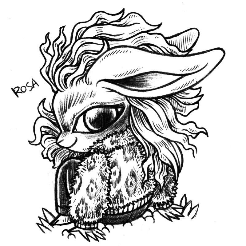 an ink drawing of a humanoid rabbit named Rosa, sitting with their back to us, but looking back at us. Rosa has big wild hair, big eyes, and is wearing a fuzzy coat with a sort of leopard print.