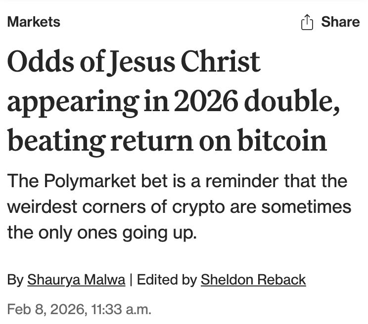 CoinDesk headline: Odds of Jesus Christ appearing in 2026 double, beating return on bitcoin The Polymarket bet is a reminder that the weirdest corners of crypto are sometimes the only ones going up. By Shaurya Malwa Edited by Sheldon Reback
