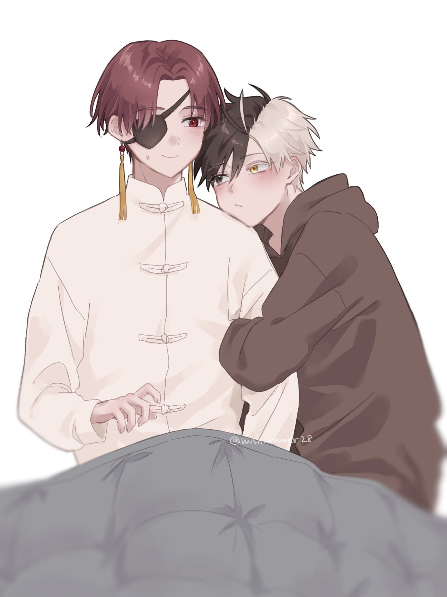 Anime boy hugs another boy's hand