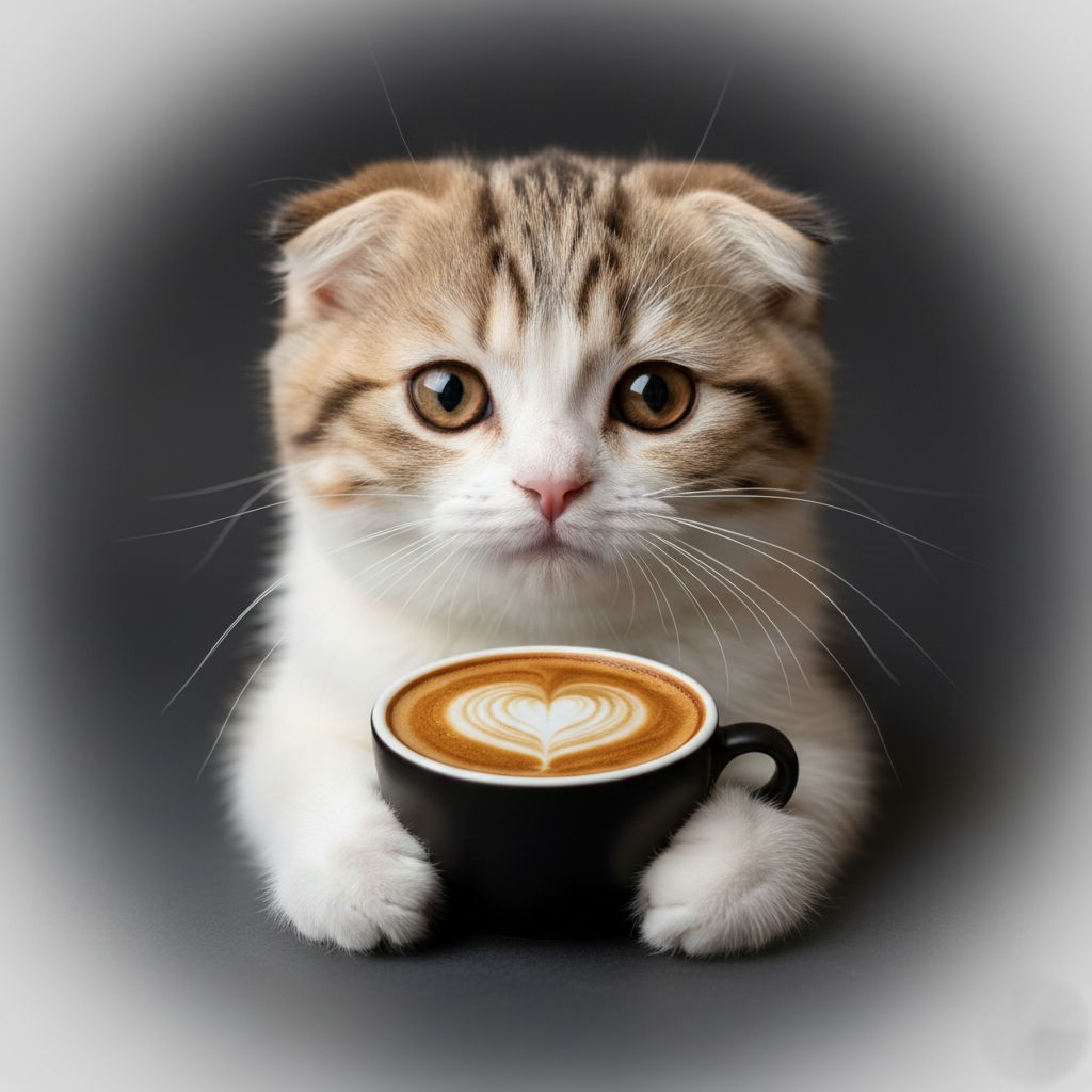 Close-up of a fluffy, light-colored Scottish Fold kitten with folded ears, intently holding a small white coffee cup with both paws against a simple dark background. The image conveys curiosity and focus.