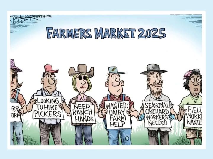  FARMERS MARKET 2025
An editorial cartoon by Joe Heller featuring several farmers each holding a sign. 

Left to right: 
Looking to hire pickers
Need ranch hands
Wanted: Dairy farm help
Seasonal Orchard workers needed
Field workers wanted.
