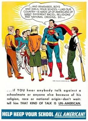 Superman explains to kids that "Your school - like our country - is made up of Americans of many different races, religions, and national origins"
