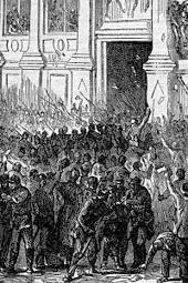 Particolare di una stampa in bianco e nero che ci mostra la folla raccolta in piazza all'epoca della Comune di Parigi