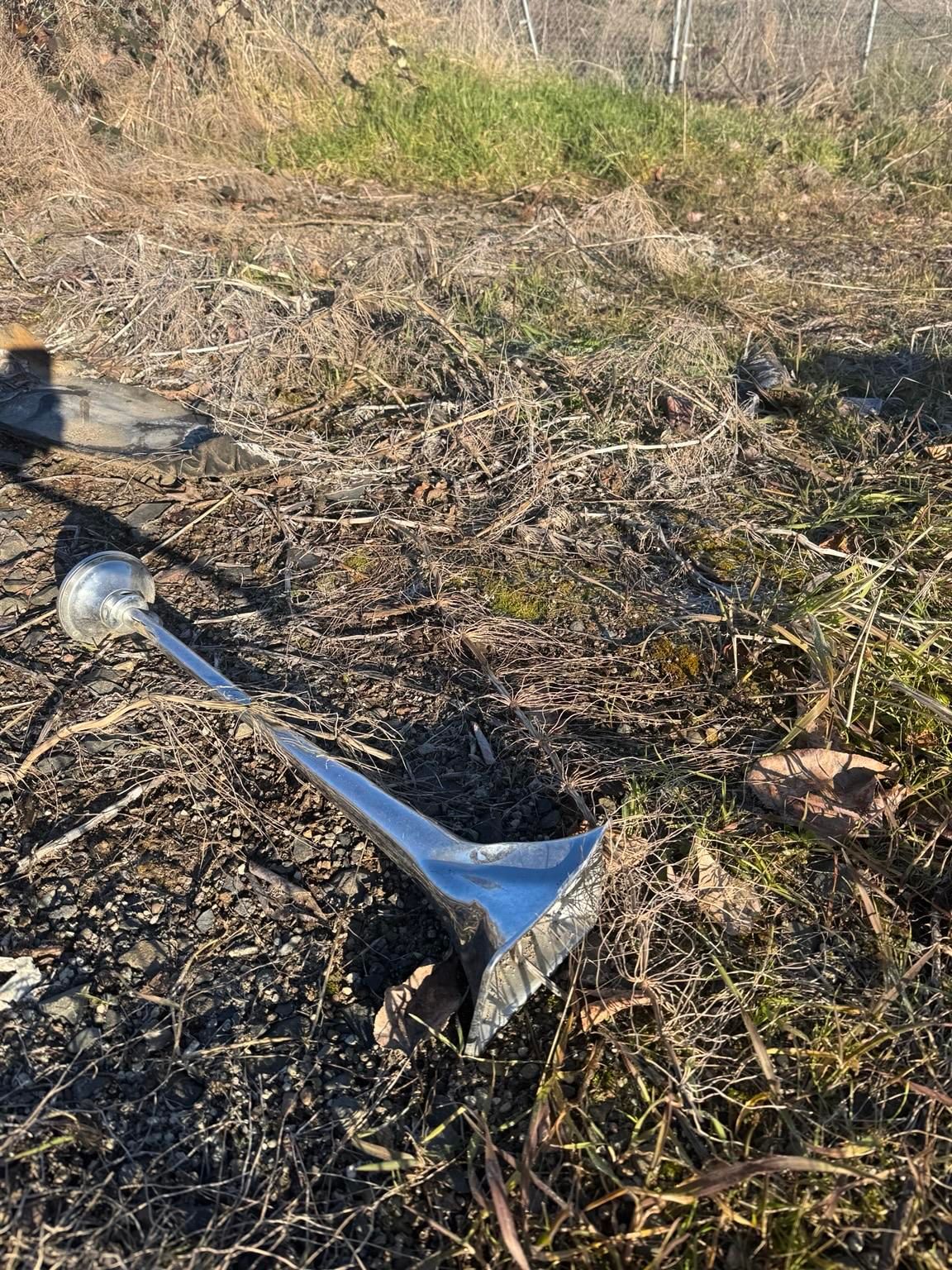 A shiny, metal truck horn  is lying on the ground amidst dry grass and twigs.
