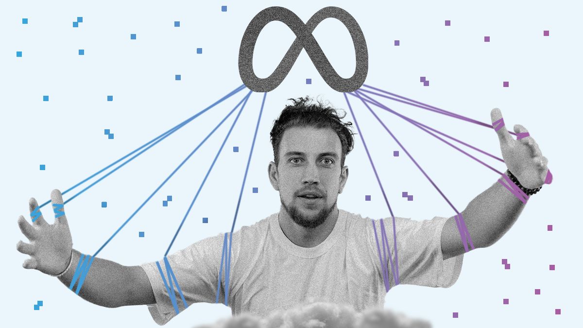 Illustration of a man manipulated by strings connected to Meta’s logo, symbolizing control or influence by the tech company.