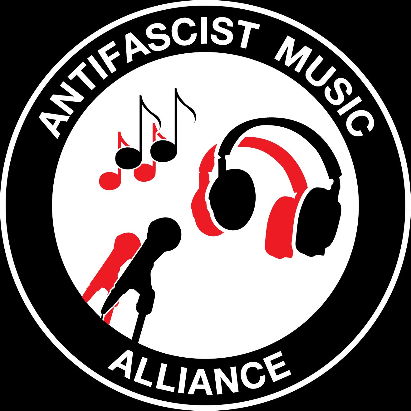 Circular logo for Antifascist Music Alliance, featuring musical notes, a microphone, and headphones in red and black, with text "Antifascist Music Alliance" encircling the image.