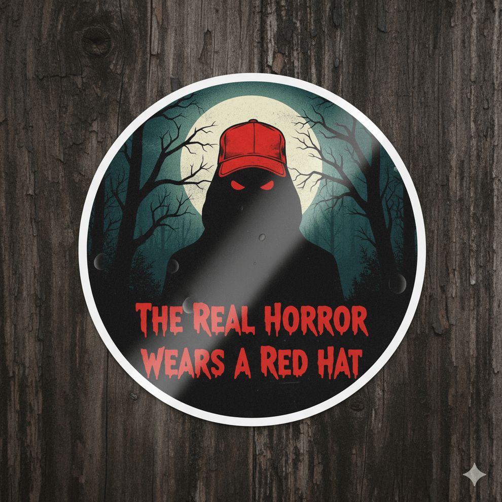 A round sticker of a shadowy figure wearing a red hat. It says "The real horror wears a red hat".