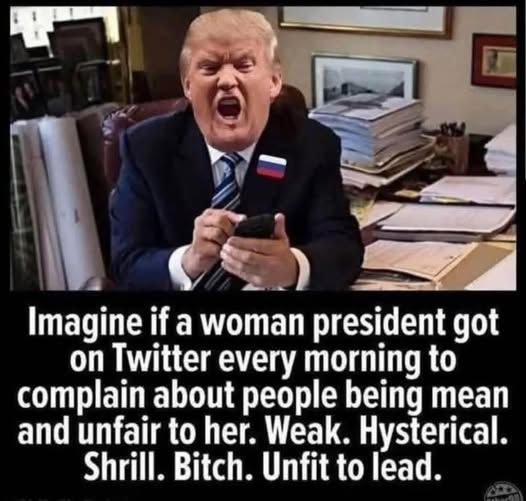  Donald Trump image, probably photoshopped or AI, screaming angrily with using his cell phone to tweet.


Imagine if a woman president got on Twitter every morning to complain about people being mean and unfair to her. Weak. Hysterical.
Shrill. Bitch. Unfit to lead. 
