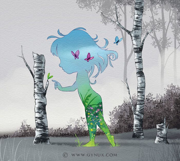 A silhouette of a character containing colorful plants is trying to heal trees.