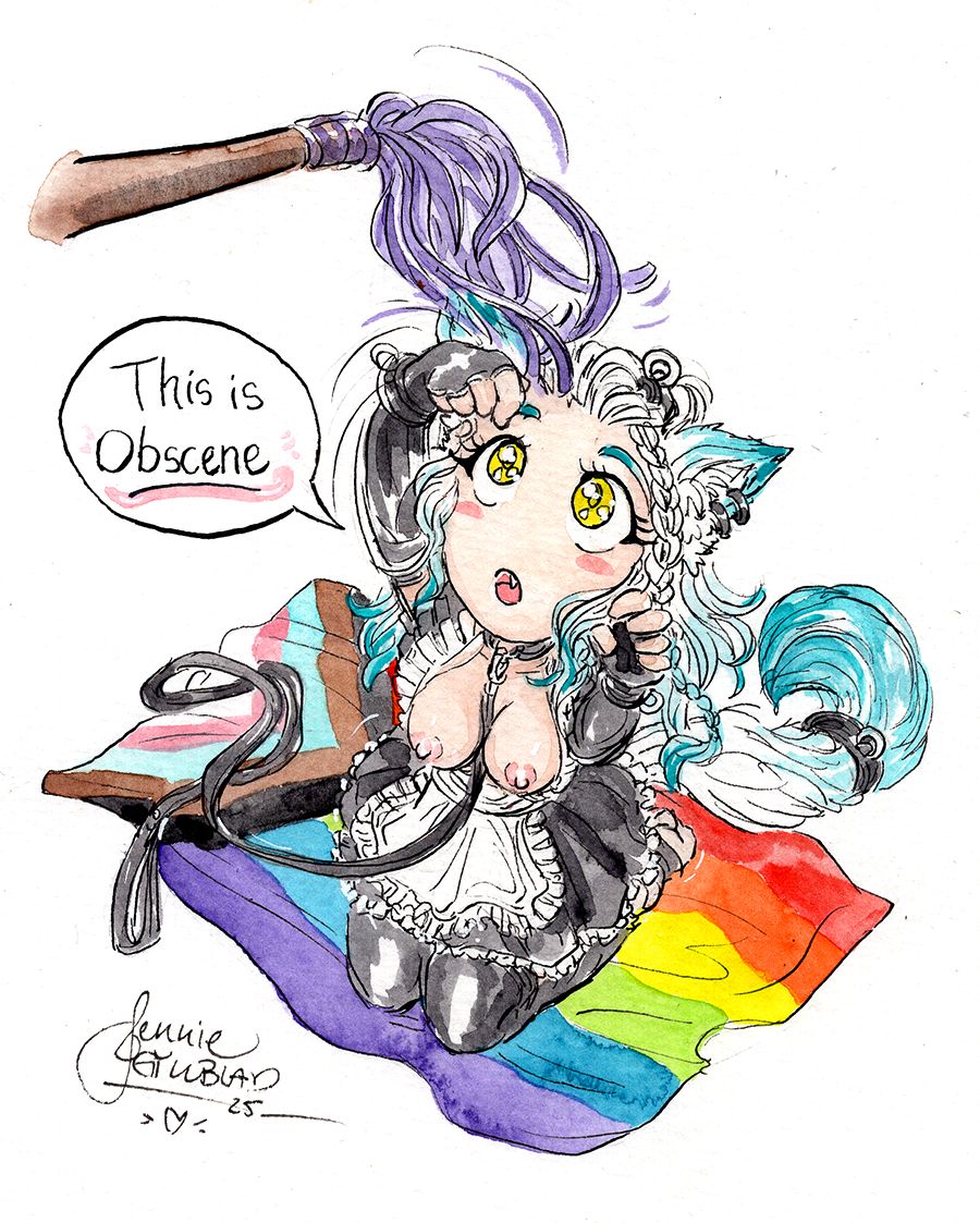 A lil chibi catgirl in kink gear on a pride flag, swatting adorably at a flogger that's held over her head like a cat toy. She says "This is obscene"