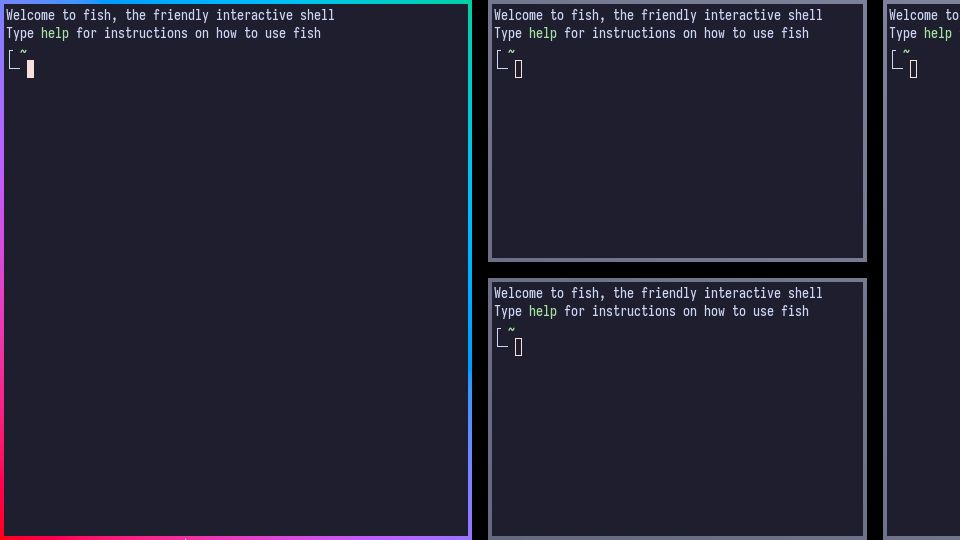 Niri showing a few terminals with an Oklch gradient border and inner without outer gaps.