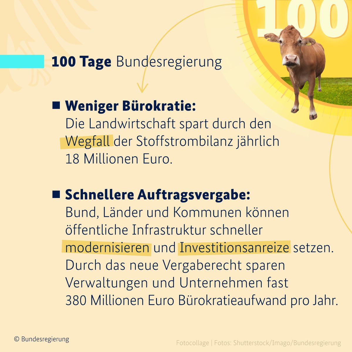 Auf hellgelbem Hintergrund ist in der oberen linken Bildhälfte ein türkisfarbener Balken zu sehen, daneben in schwarzen Buchstaben die Überschrift 100 Tage Bundesregierung. Darunter steht der Text: Weniger Bürokratie: Die Landwirtschaft spart durch den Wegfall der Stoffstrombilanz jährlich 18 Millionen Euro.
Schnellere Vergabe öffentlicher Aufträge: Bund, Länder und Kommunen können öffentliche Infrastruktur schneller modernisieren und Investitionsanreize setzen. Durch das neue Vergaberecht sparen Verwaltungen und Unternehmen fast 380 Millionen Euro Bürokratieaufwand pro Jahr. Rechts oben ist eine Kuh zu sehen.