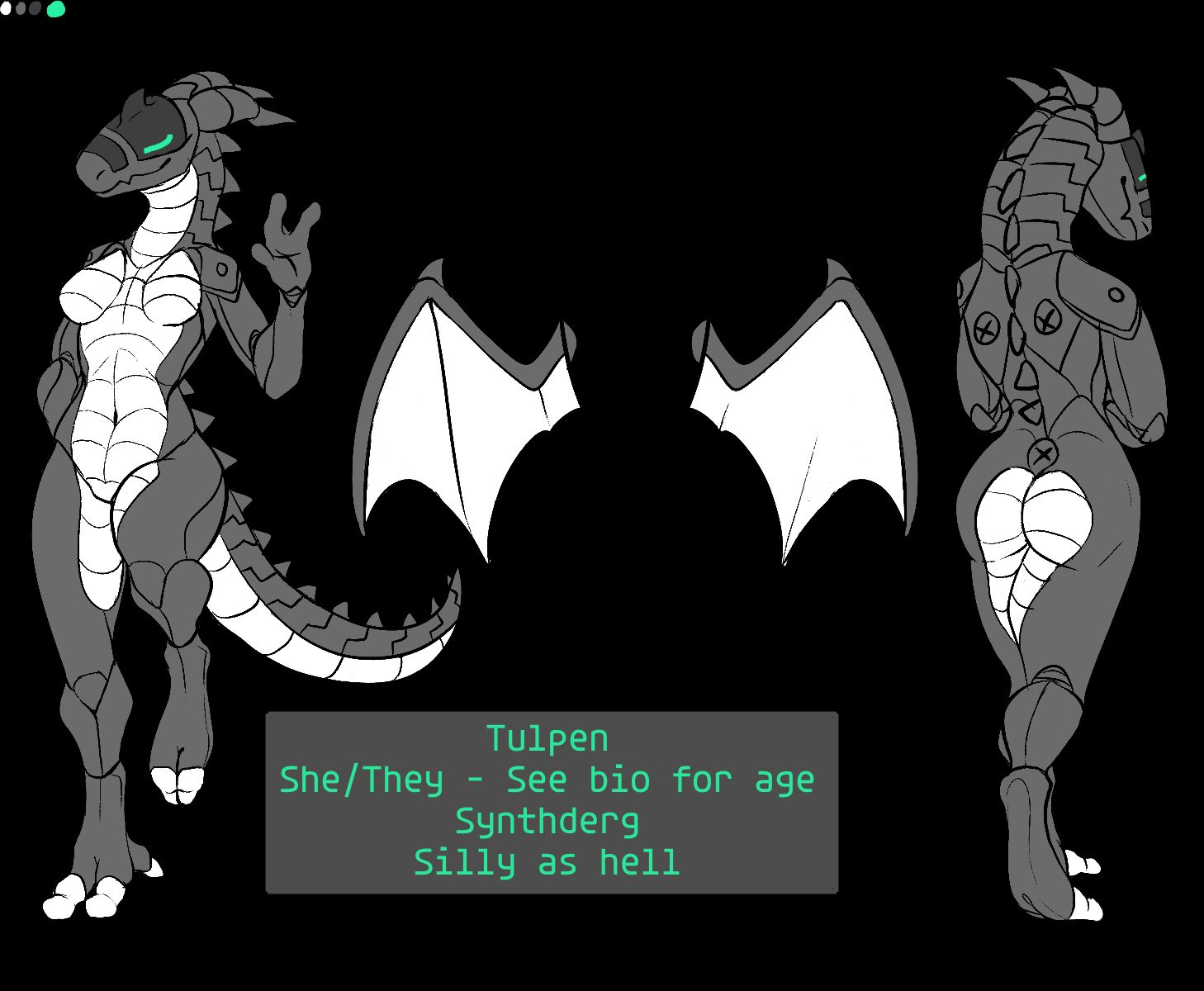 A fill in of a Synth-derg base made by Liana M.

It is unshaded and uses the following colours: dark gray, gray, white and mint green.
