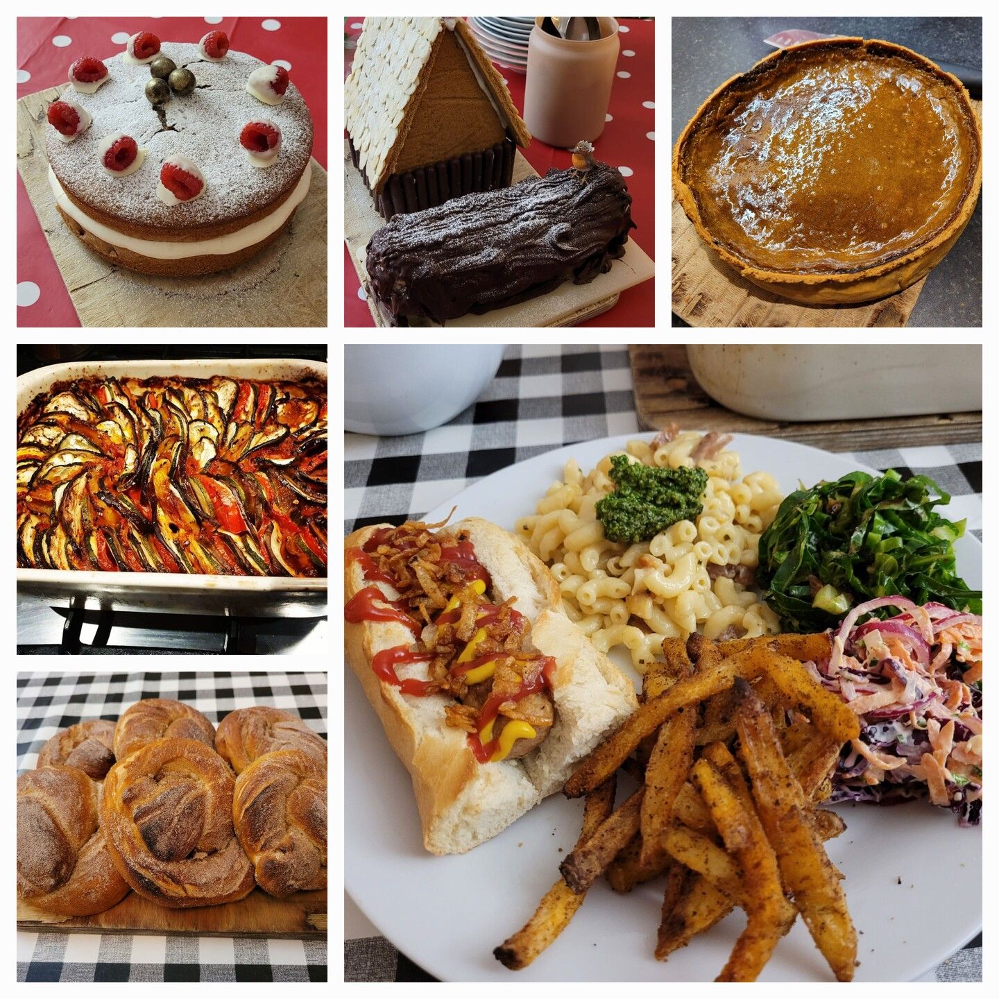 Collage of different food...

Victoria sponge iced and dusted and beset by a crown pattern of jewel-like raspberries and golden 'maltesers'

Christmas gingerbread house with chocolate yule log - ho ho ho (now I have a machine gun)

Pumpkin pie - looks shiny and banging

Ratatouille! Pretty colours and made in my favourite, banged up and burnt pan - delish

Breaded sugar cinnamon knots

Trashy hotdogs in crispy baps covered in crispy onions, ketchup and mustard with sweet potato fries, greens, rainbow 'slaw and mac'n'cheese (with a dollop of pesto) 