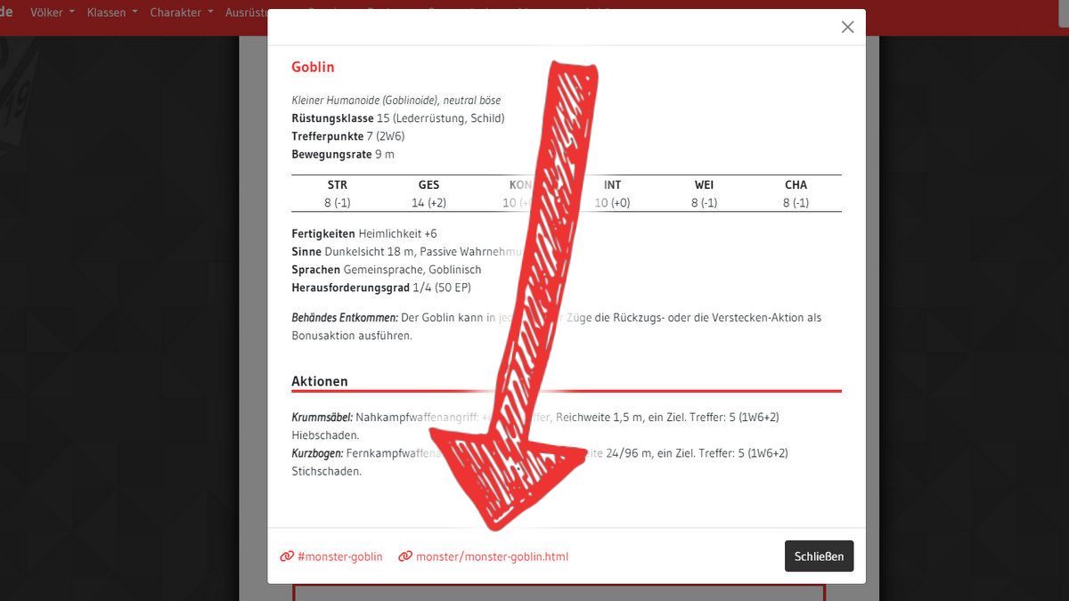 Screenshot des Poups "Goblin". Ein großer roter Pfeil zeigt auf einen Link in der Fußzeile
