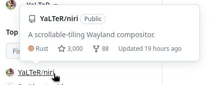 GitHub screenshot showing 3000 stars on the niri repo.