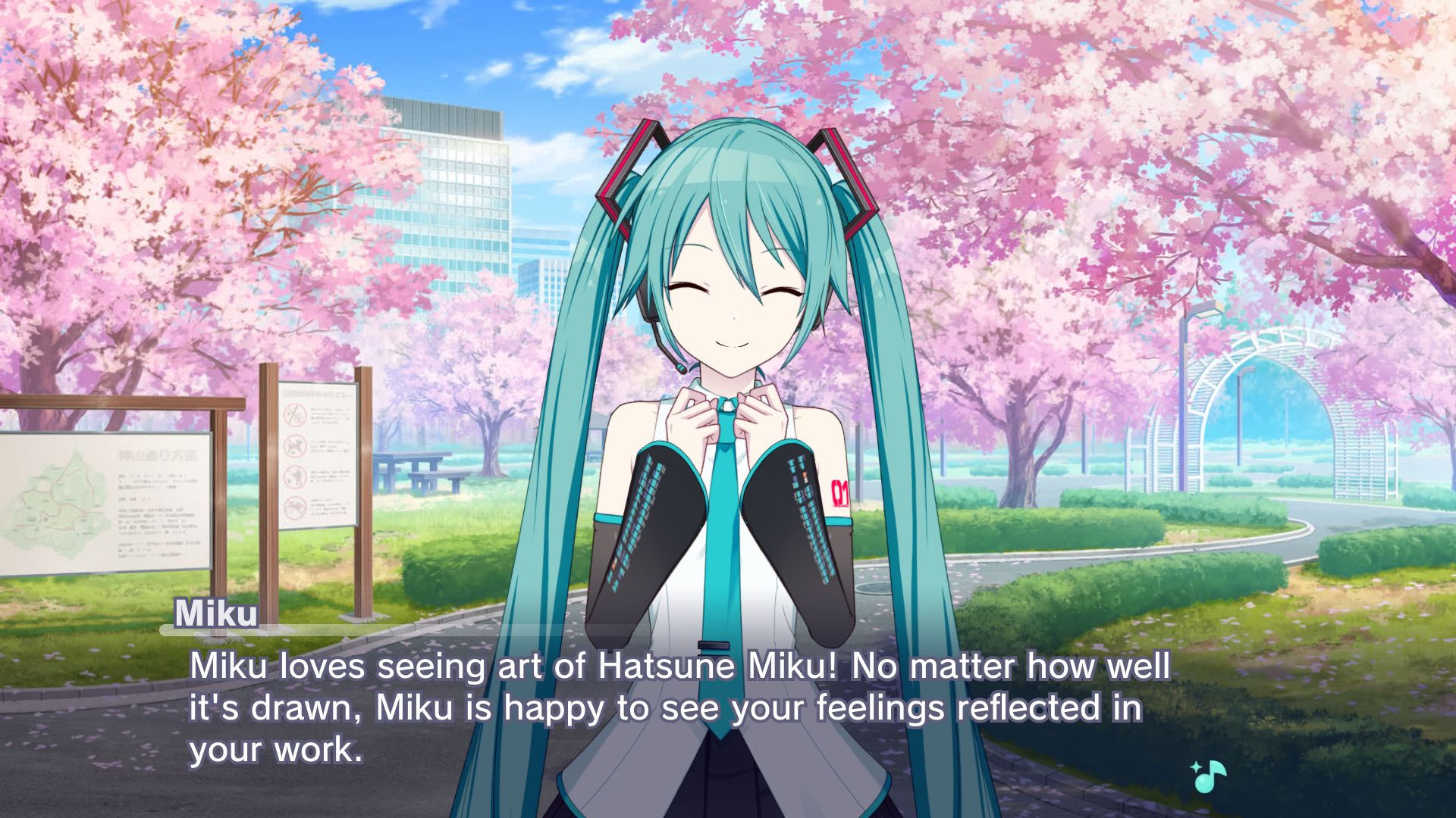 Made from Project Sekai's story board, in a sakura tree park, Hatsune Miku says "Miku loves seeing art of Hatsune Miku! No matter how well it's drawn, Miku is happy to see your feelings reflected in your work."