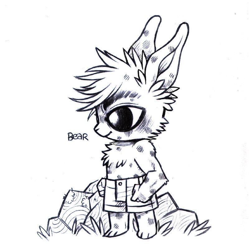 a drawing of a humanoid rabbit named Bear. Bear has spotted fur and is standing in front of some rocks. They have dark eyebrows, muscular arms, and long bangs.
