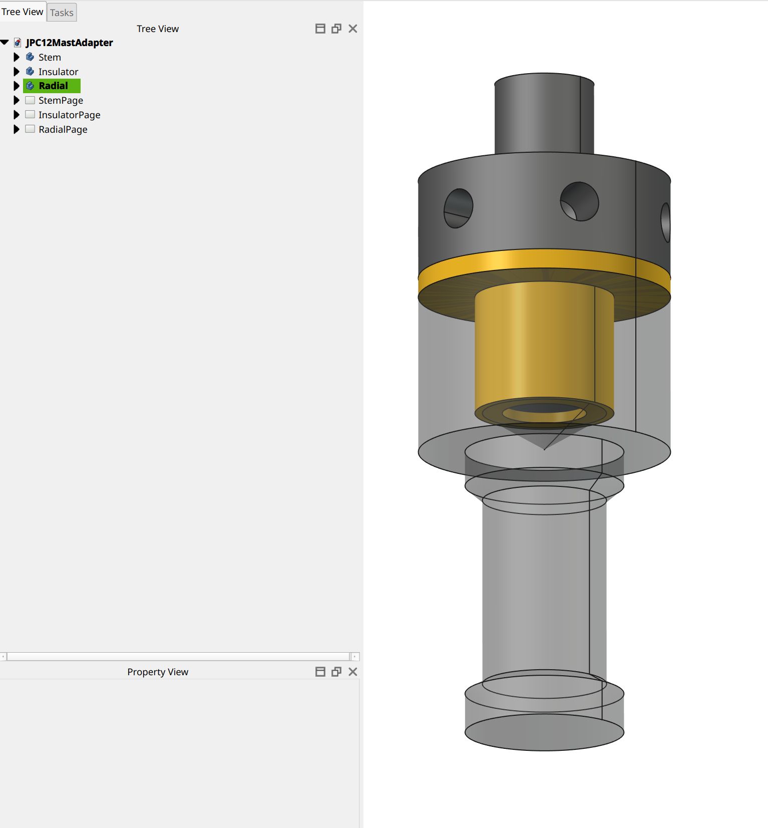 FreeCAD view making the stem transparent to show the insulating gasket inside it
