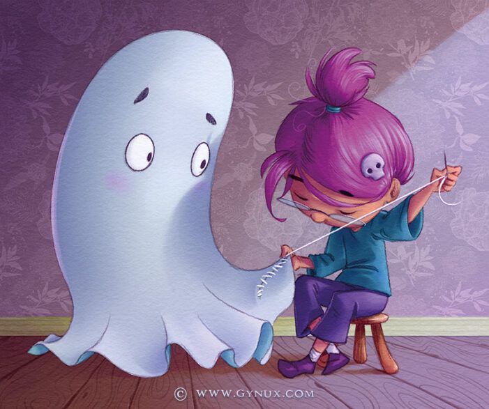 A character sitting on stool and mending a ghost that looks confused.
