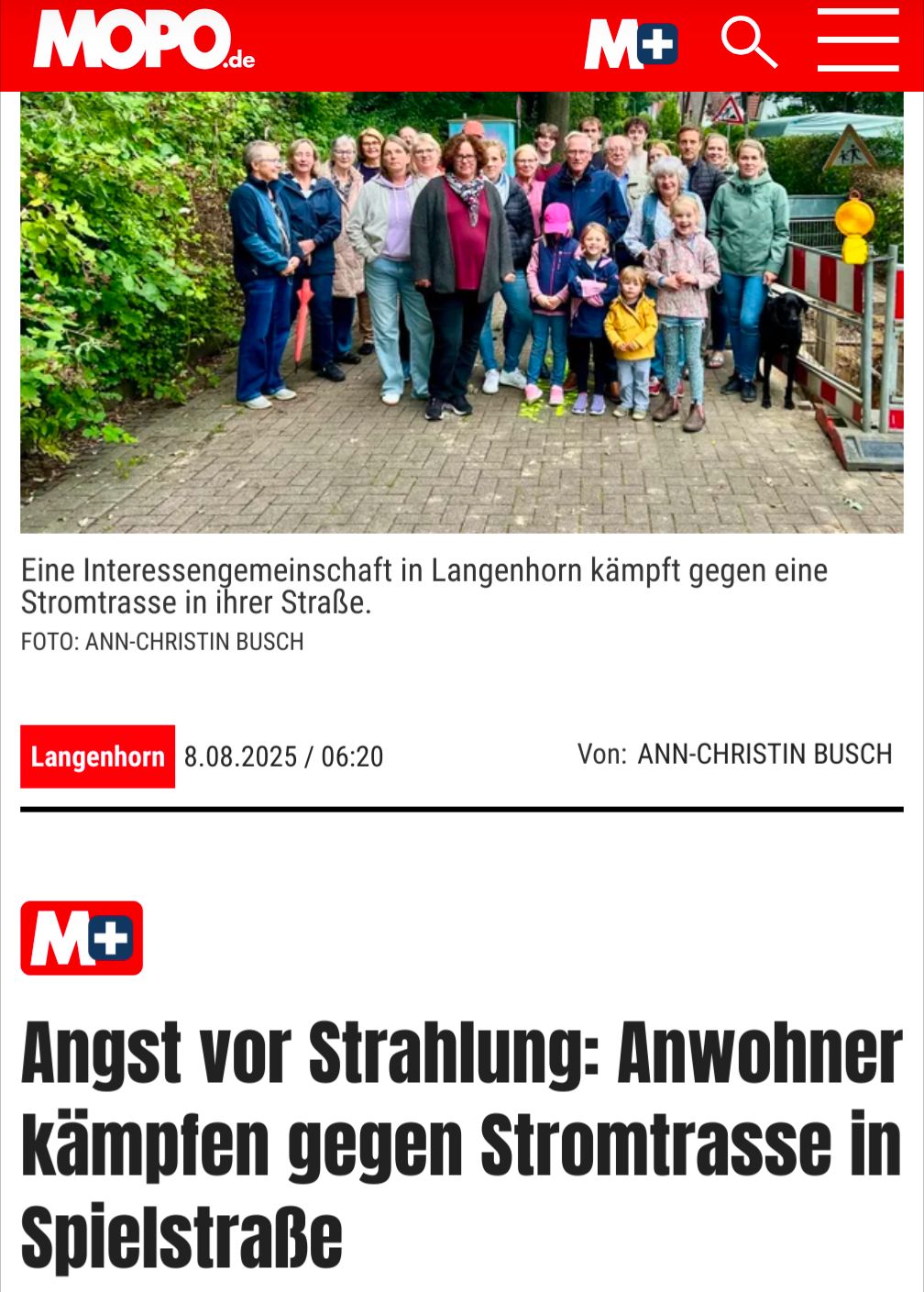 Mopo Schlagzeile zu einem Artikel mit dem Titel "Angst vor Strahlung - Anwohner kämpfen gegen Stromtrasse in Spielstraße". 