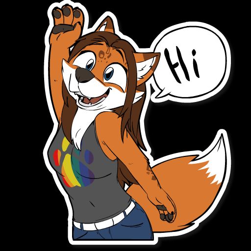 Drawing of my fursona (furry self), an anthropomorphic vixen with panther spots, with her right hand raised and a cartoony text bubble saying "hi".

My fursona is wearing a blue jean, with a grey tank top, on which a rainbow-colored paw is printed. She has long brune hair an blue eyes, and also a very fluffy tail.