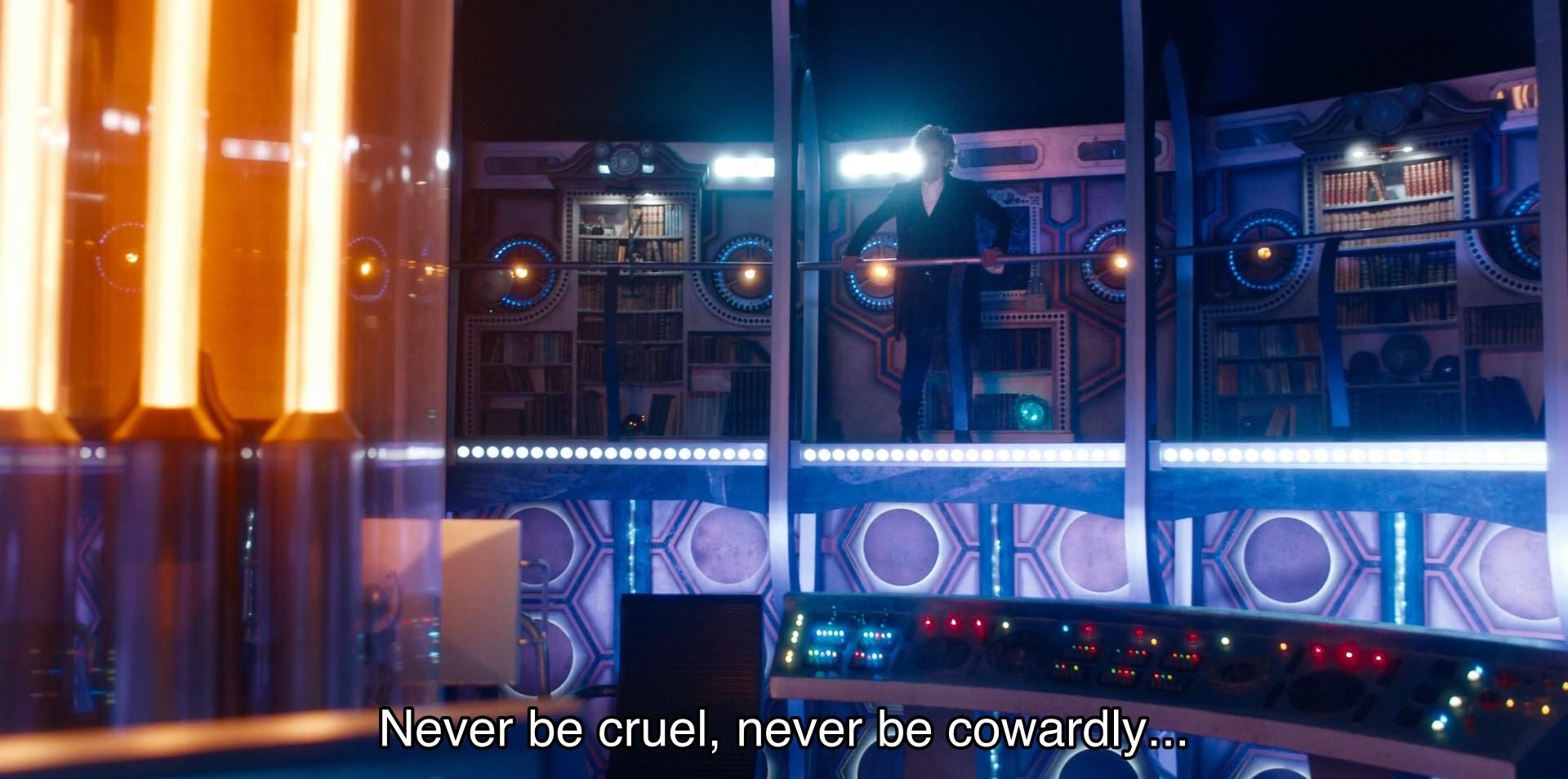Episode with Peter Capaldi, teenage heartthrob. The Doctor is walking around his TARDIS on the upper level, talking to no one in particular but himself. Captions read, “Never be cruel, never be cowardly… and never, ever eat pears!” Three equally important axioms of morality. Happy release day for the Series 10 soundtrack.