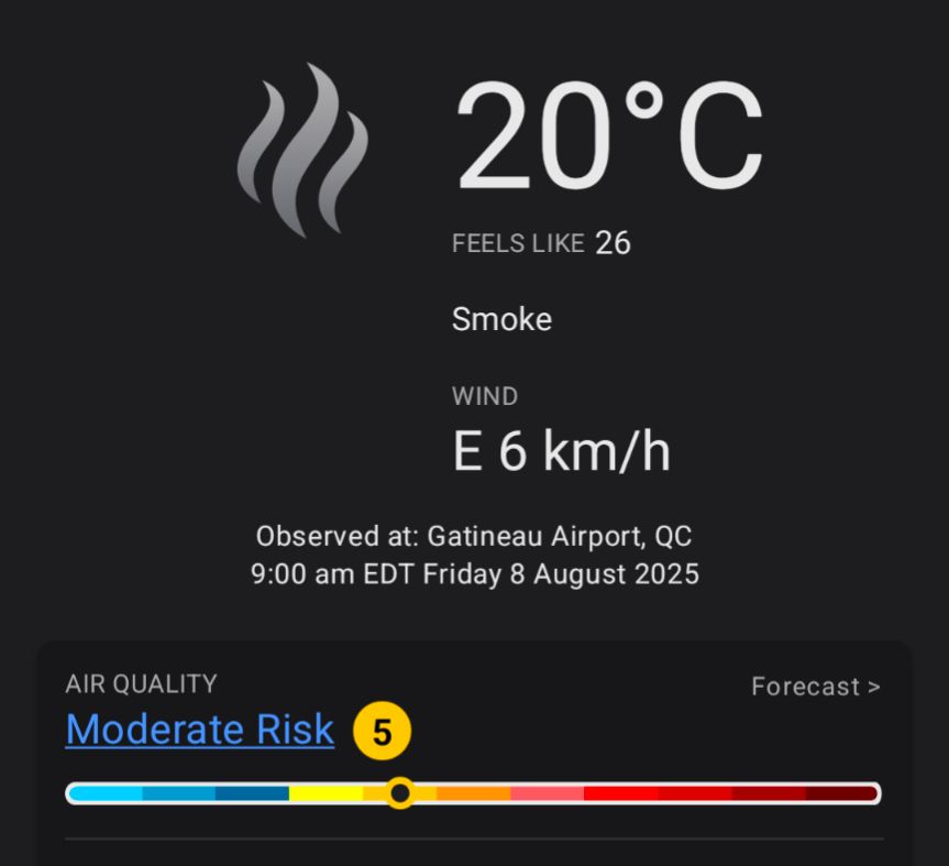 A screenshot from Environment Canada, showing squiggly lines for the smoke weather. It's 20C, feels like 26. With moderate risk (5, yellow) for air quality