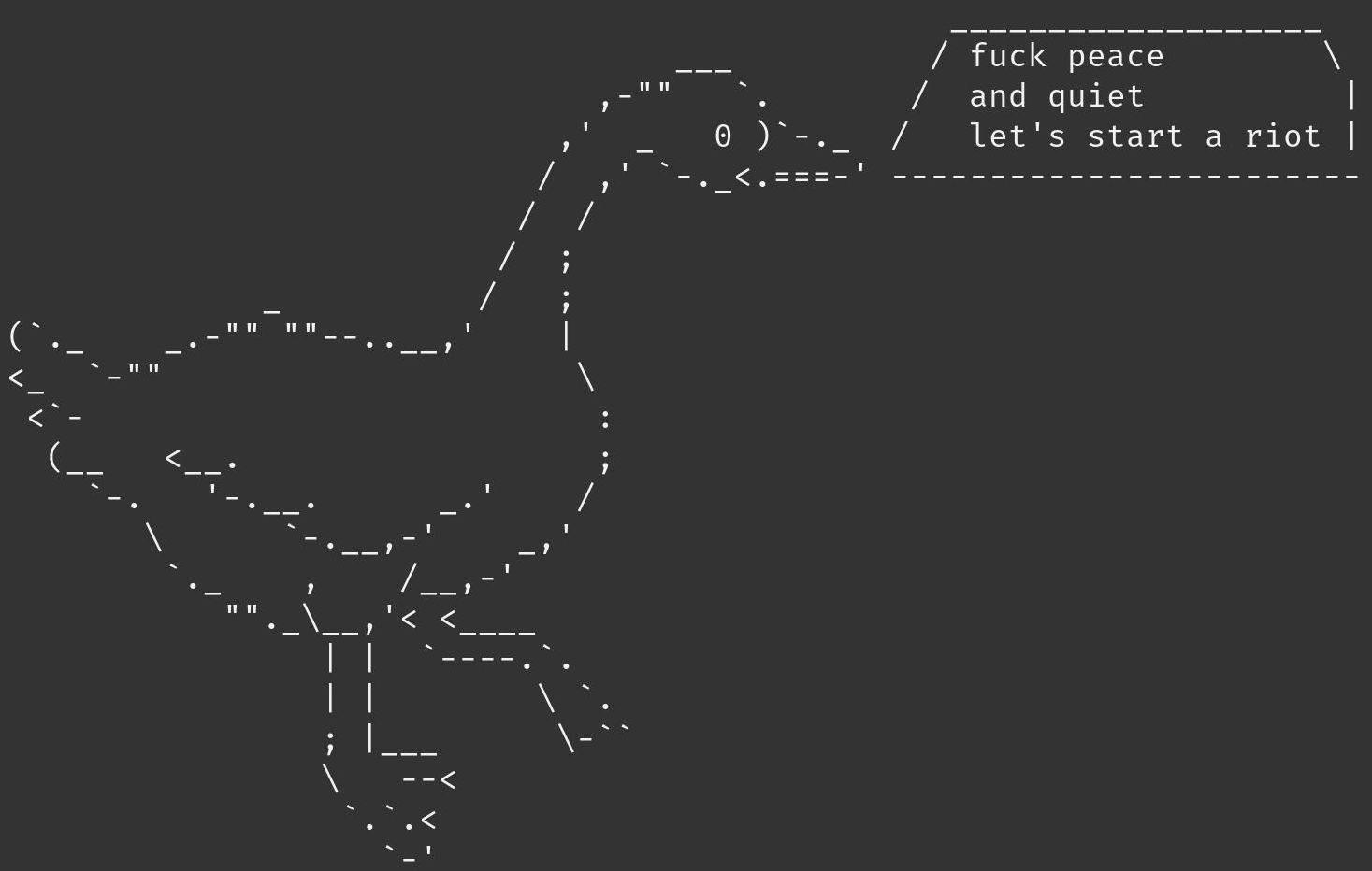 An ASCII goose saying "fuck peace. and quiet. let's start a riot."
