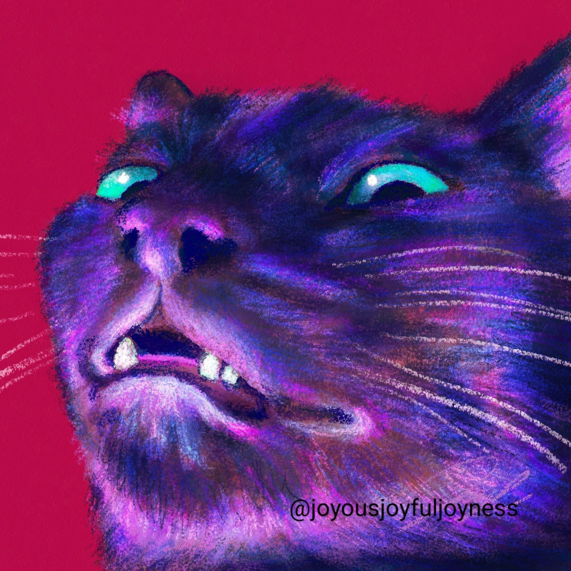 Painting if a black cat making a silly ans spooky face. The artist's signature and @joyousjoyfuljoyness watermark are at the bottom right.