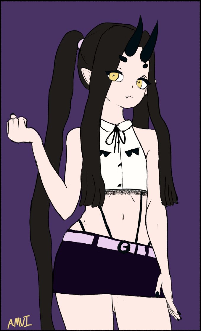 Drawing of a petite young lady in flat colors. Her pale skin contrasts sharply with her long, black, twin-tailed hair, and black horns. She wears a lace-edged white crop top and a pink-belted black miniskirt. Black straps are visible, implying an interesting underwear design. She poses confidently, one hand on her thigh and the other as if holding a leash, but none is visible. Her golden, plus-symbol pupil eyes bore into your soul, measuring your worth.