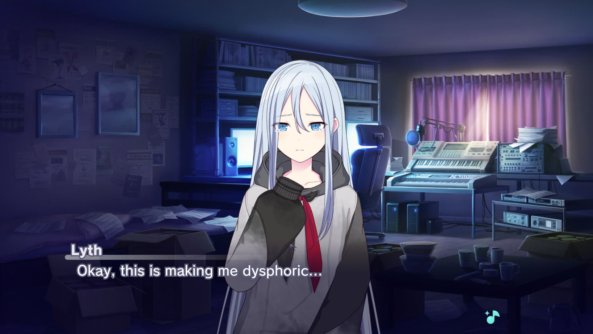 Project Sekai custom scene of a visibly sad Lyth in an approximation of her room telling OP "Okay, this is making me dysphoric..."