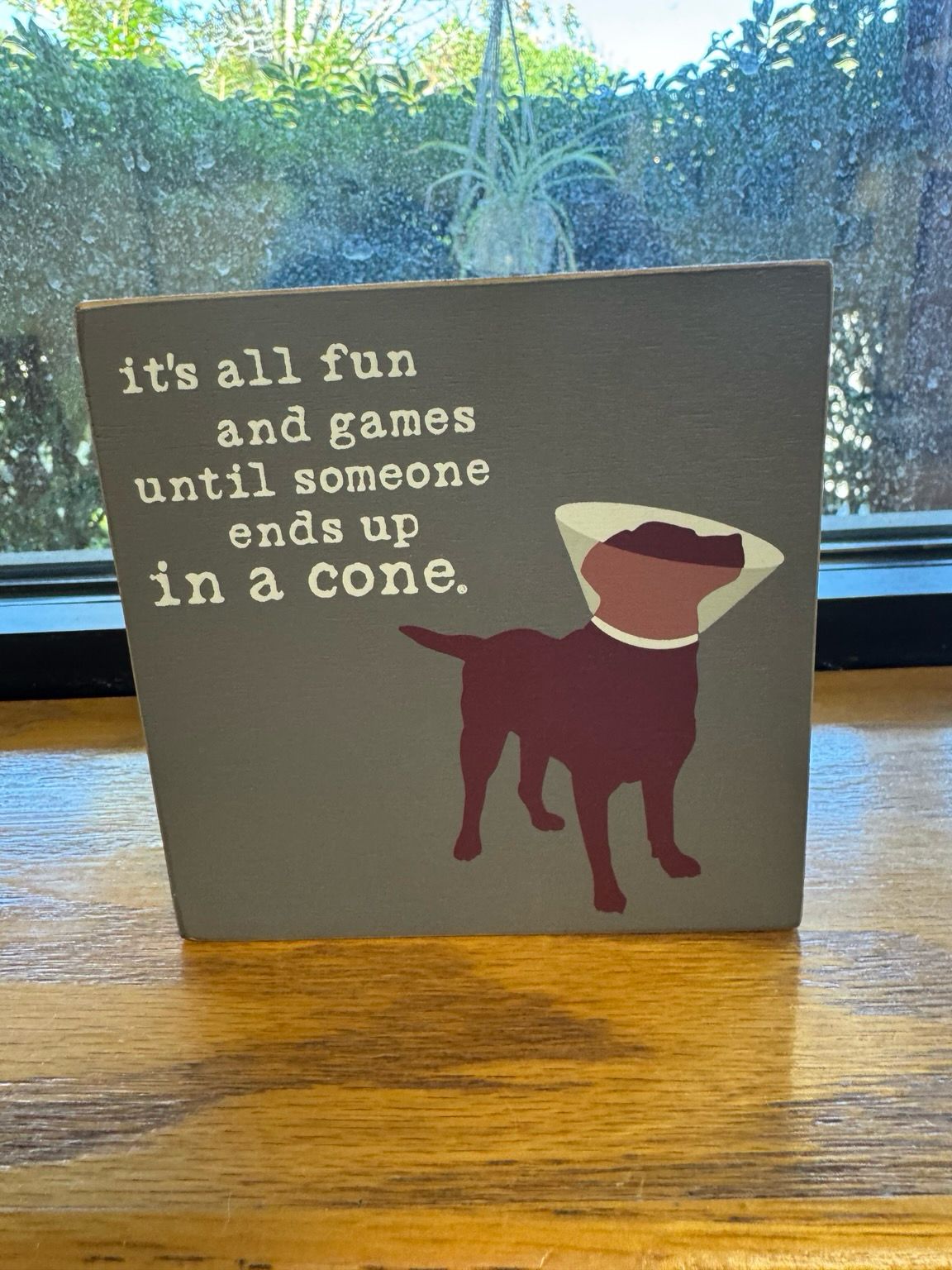 Painting of a dog in a cone on a small wooden block that says “it’s all fun and games until someone ends up in a cone.”