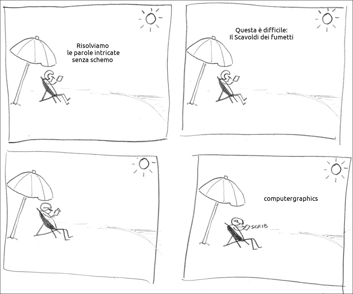 Un tizio sulla spiaggia sotto l'ombrellone dice: «Risolviamo  le parole intricate senza schemo»
Il tizio dice: «Questa è difficile: Il Scavoldi dei fumetti»
Il tizio pensa
Il tizio scrive: computergraphics
