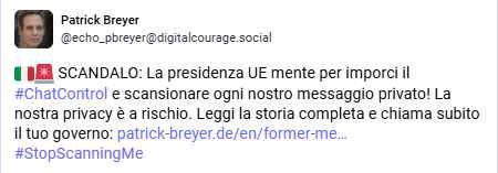 🇮🇹🚨 SCANDALO: La presidenza UE mente per imporci il #ChatControl e scansionare ogni nostro messaggio privato! La nostra privacy è a rischio.