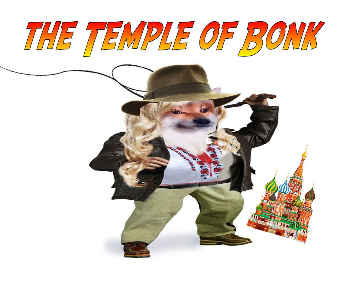 The heading reads "The Temple of Bonk" in Indiana Jones-like lettering. The image is of a female #NAFO dog styled to look like Indiana Jones, she has long, wavy blond hair, she's wearing a fedora, a white & red embroidered #Ukrainian Vyshyvanka shirt, khaki pants, brown shoes, & she's cracking a whip (at vatniks, of course, lol!) & the image shown at an angle to the right below her arm is Saint Basil's Cathedral in Moscow.