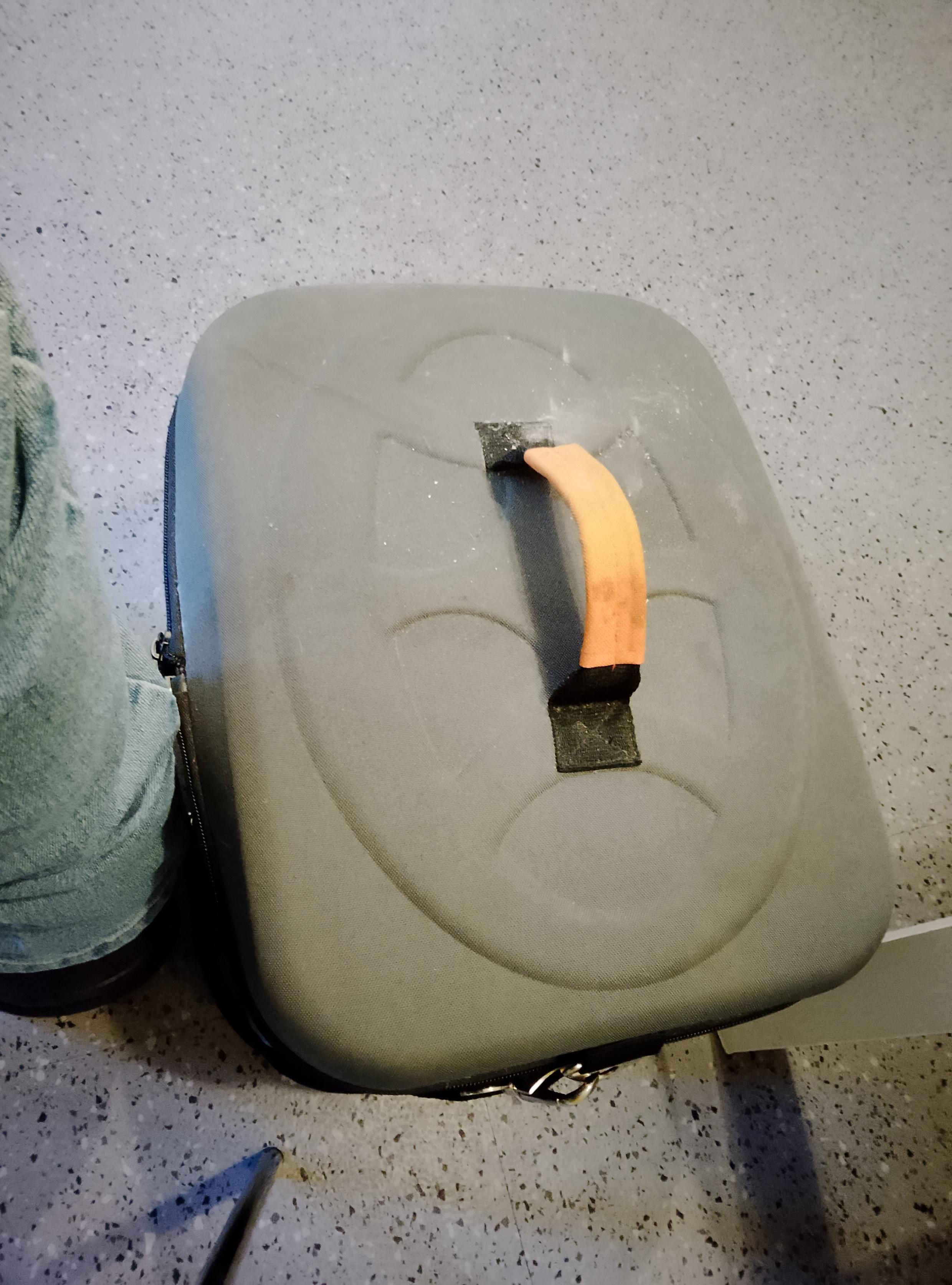 A pet carrier at my feet contains a fat, annoyed, and complaining one-eyed cat. 