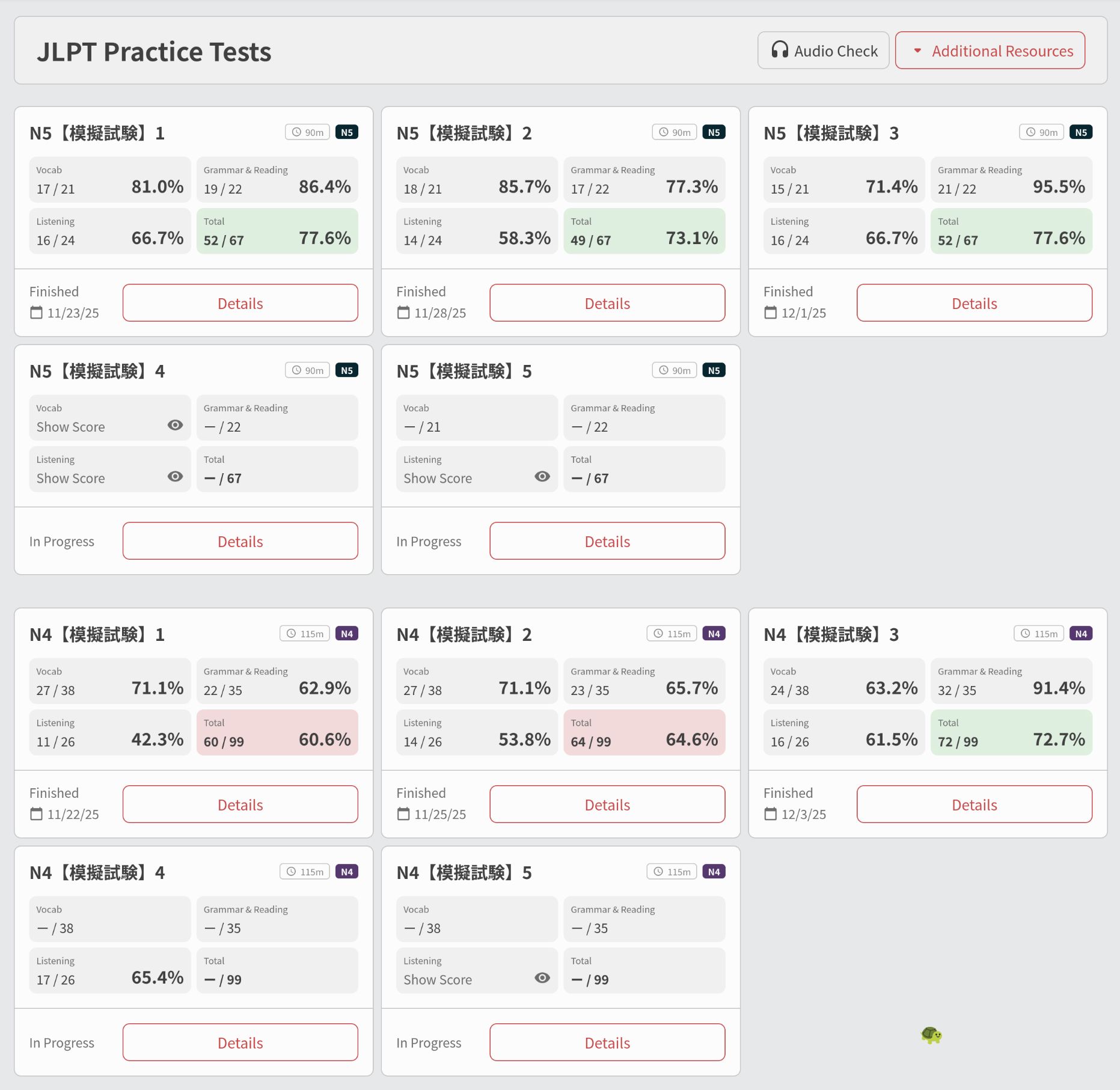 A screenshot of practice test results. In the latest one, I got 72.7% of the questions right.