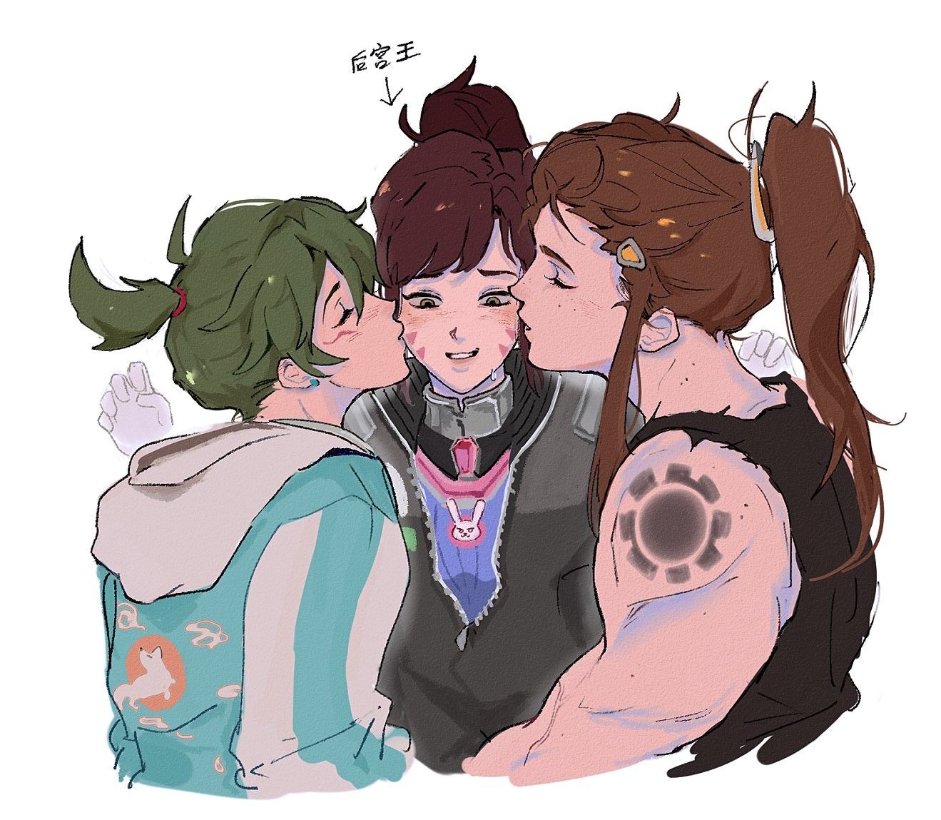 Danbooru tags: 3girls biceps bjmaki brigitte_(overwatch) brown_eyes brown_hair casual closed_eyes commentary d.va_(overwatch) facepaint facial_mark girl_sandwich green_hair grey_eyes hair_pulled_back hood hoodie kiriko_(overwatch) kiss kissing_cheek long_hair multiple_girls muscular muscular_female overwatch overwatch_2 ponytail sandwiched shoulder_tattoo simple_background sukajan_kiriko sweatdrop symbol-only_commentary tattoo translation_request whisker_markings white_background yuri zipper zipper_pull_tab