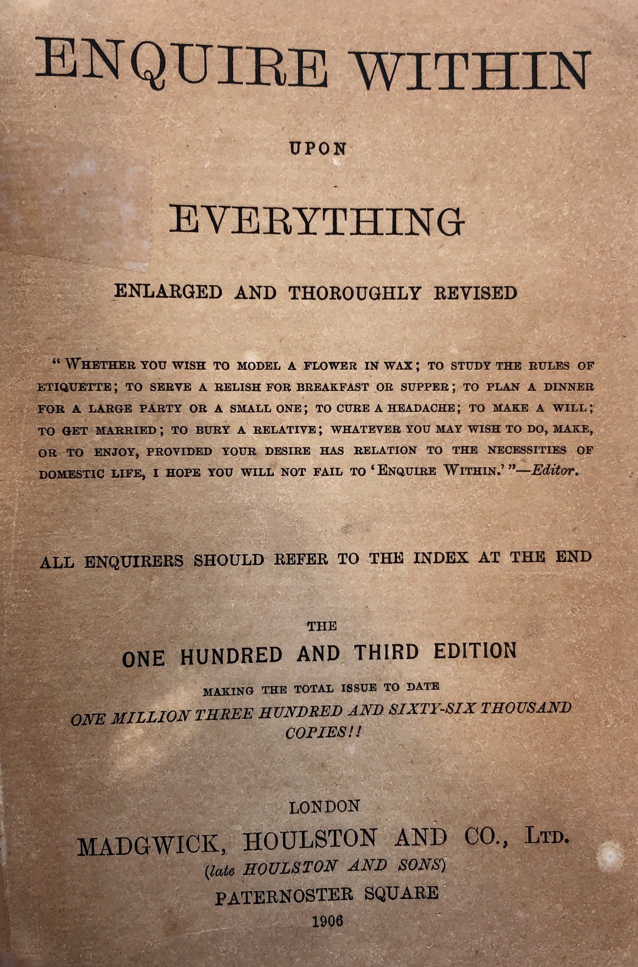 Title page from Enquire Within Upon Everything, published in 1906