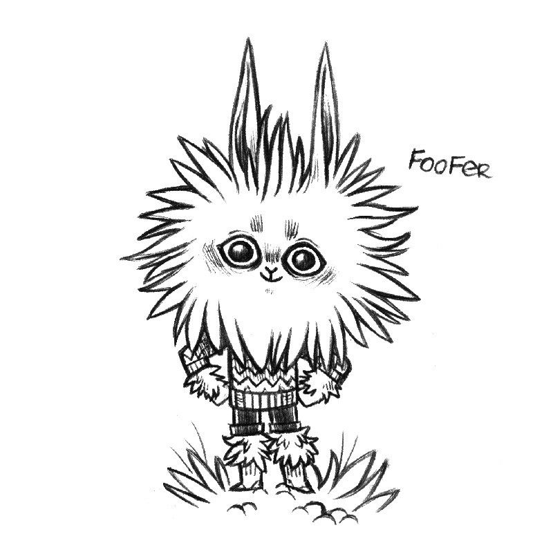 A drawing of a humanoid rabbit named Foofer, who is just a big ball of crazy fur. Their clothes reign in the fur a little, showing how thin their body is, but wherever the fur has room it erupts violently out from under their clothes.