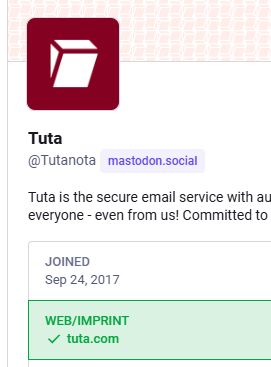 Cropped screenshot of Tutanota's profile as viewed from mastodon.social. It is clearly verified.