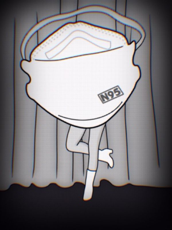 black and white illustration of a giant N95 mask with human legs dancing in front of a pleated curtain