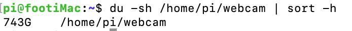 A screenshot of the command line shows pi@footiMac command prompt after running a check on directory size of the /home/pi/webcam directory. It is 743G
