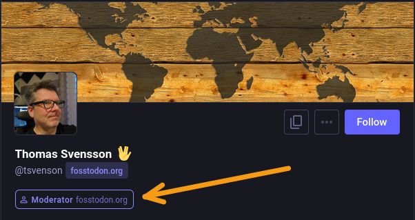 The profile page for tsvenson with an arrow pointing to the badge that shows he is a moderator on Fosstodon.